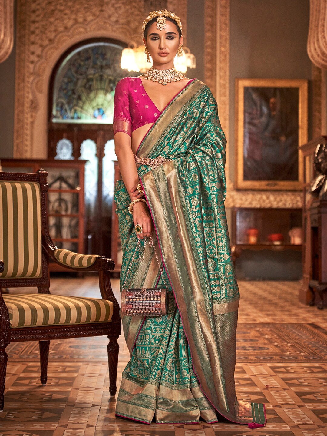 

Anouk Ethnic Motifs Woven Design Zari Banarasi Saree, Teal