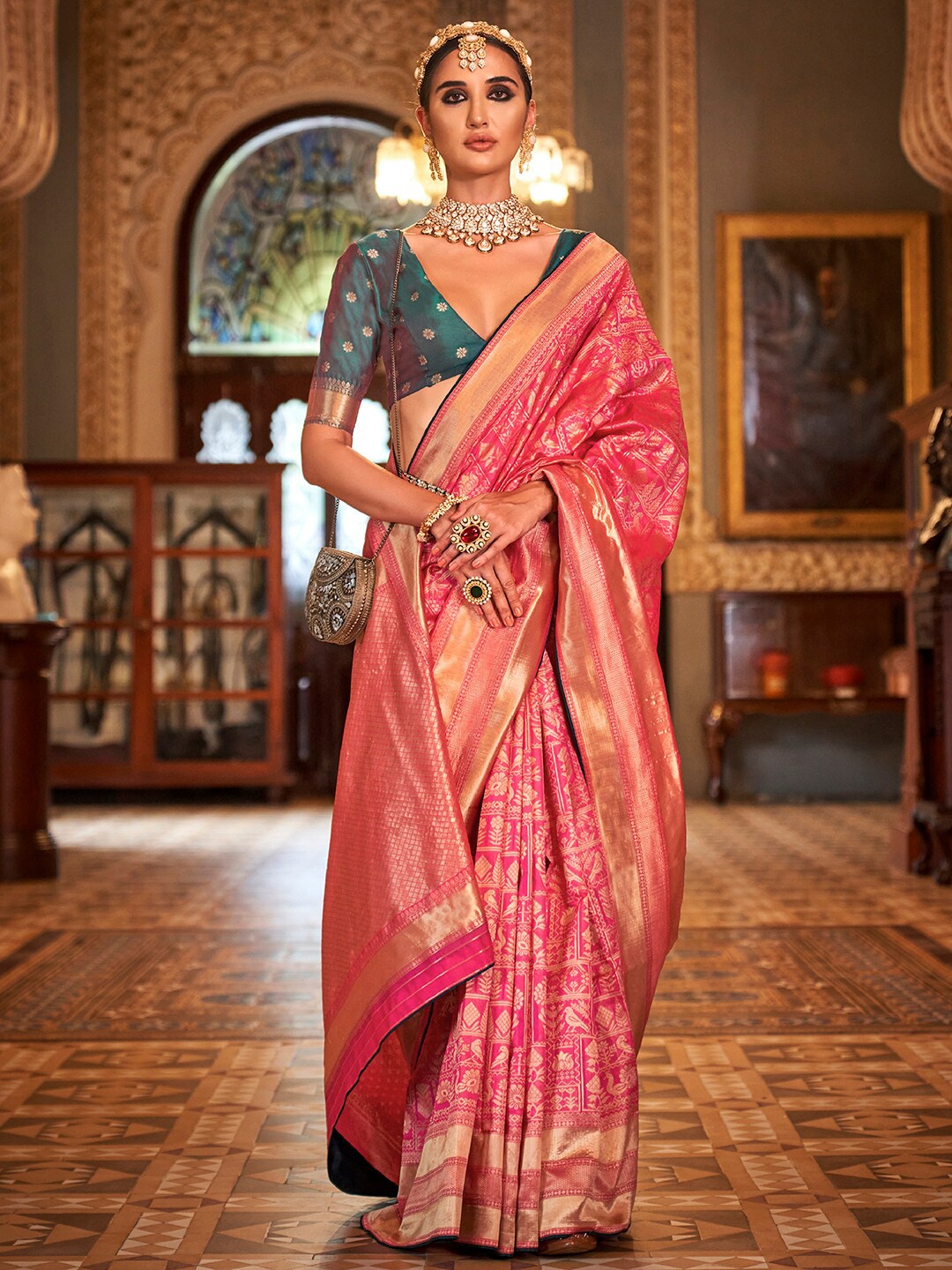 

Anouk Pink & Gold-Toned Ethnic Motifs Woven Design Zari Banarasi Saree