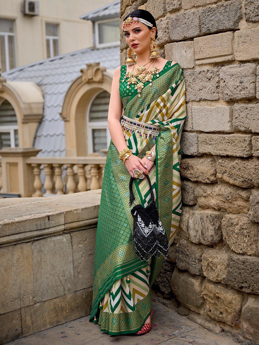 

Anouk Ethnic Motifs Woven Design Zari Banarasi Saree, Green