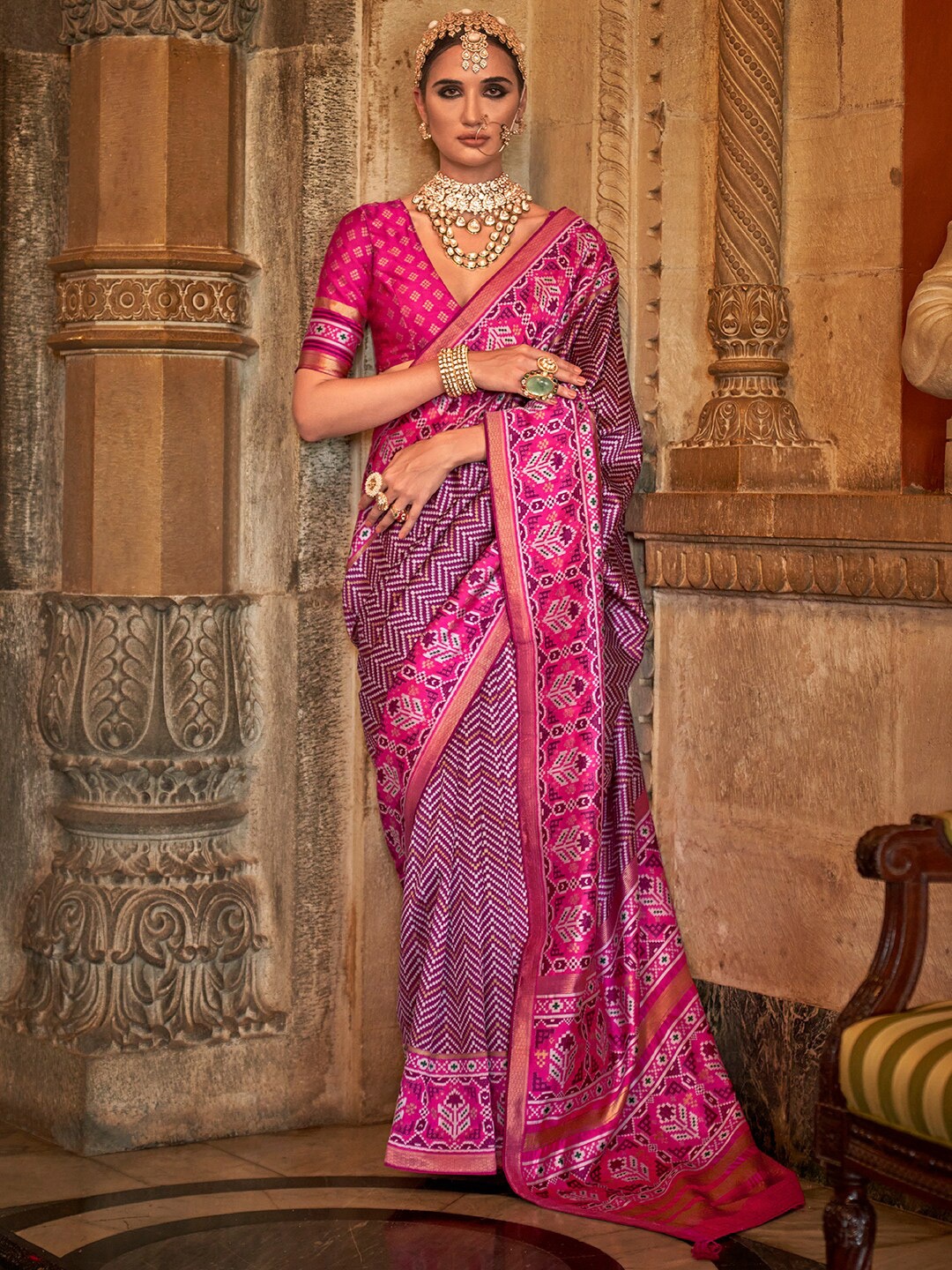 

Anouk Purple & Gold-Toned Woven Design Zari Ikat Saree