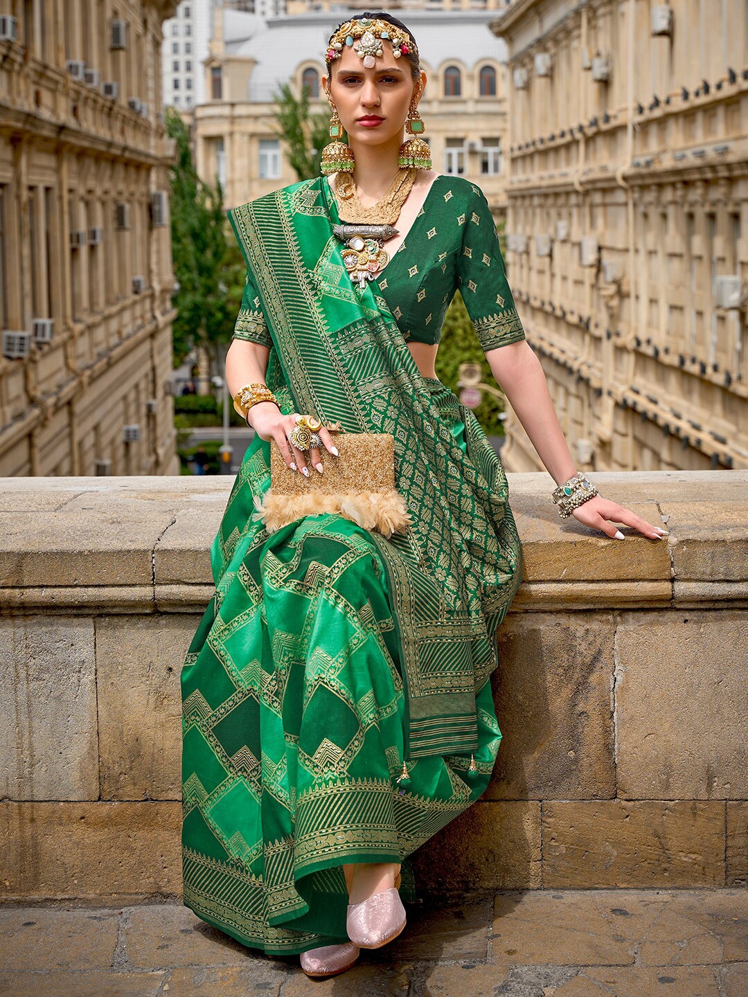 

Anouk Woven Design Zari Silk Blend Banarasi Saree, Green