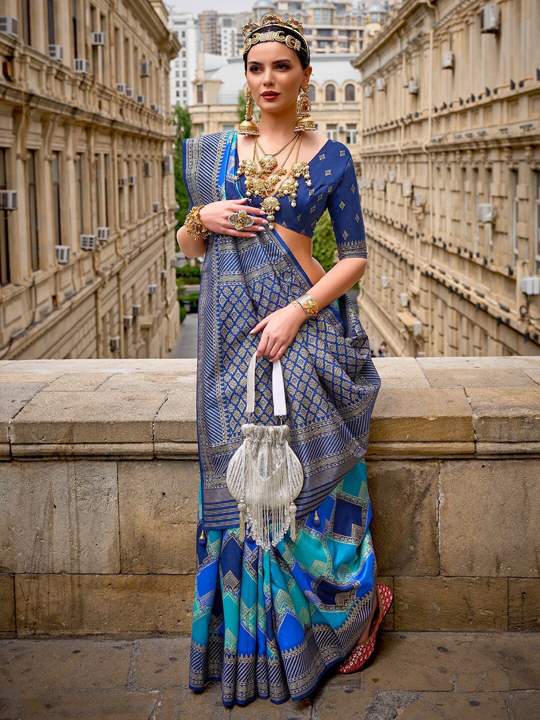 

Anouk Woven Design Zari Silk Blend Banarasi Saree, Blue