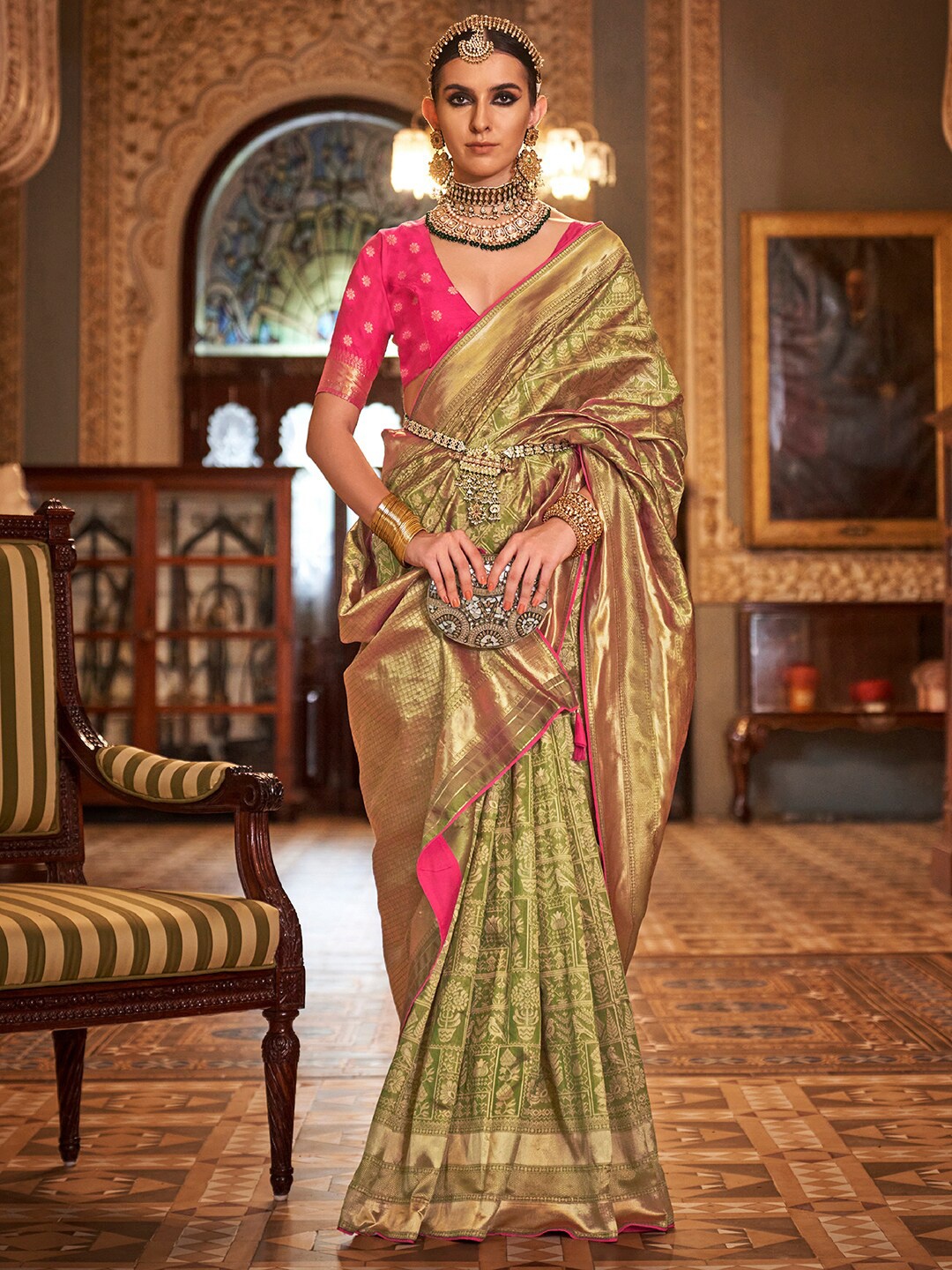 

Anouk Ethnic Motifs Woven Design Zari Banarasi Saree, Olive