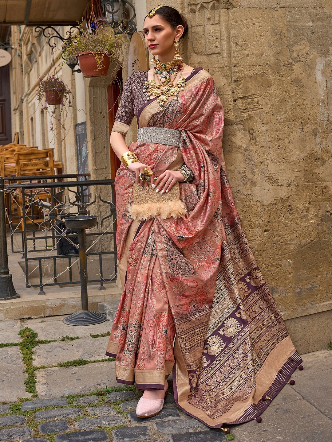 

Anouk Ethnic Motifs Woven Design Zari Dabu Saree, Brown