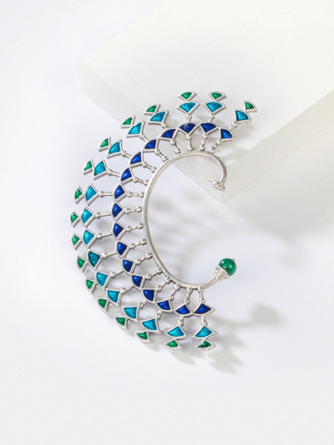 

Krelin Peacock Meenakari Ear Cuff Earrings, Silver