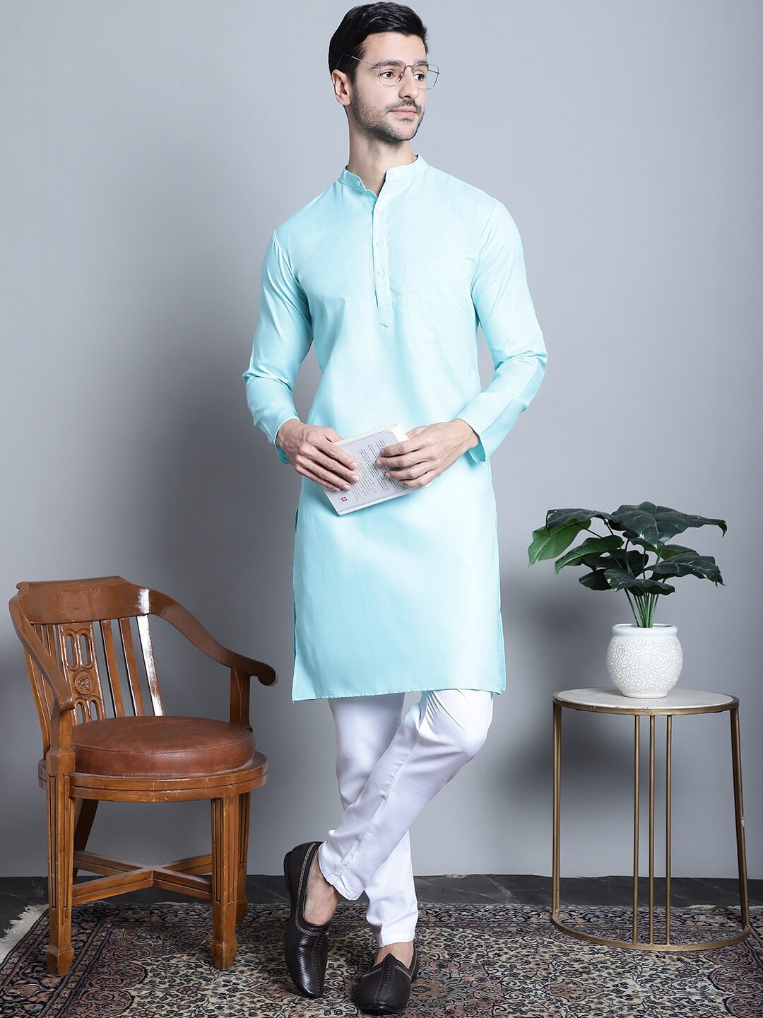 

Jompers Band Collar Pure Cotton Straight Kurta with Pyjama, Turquoise blue
