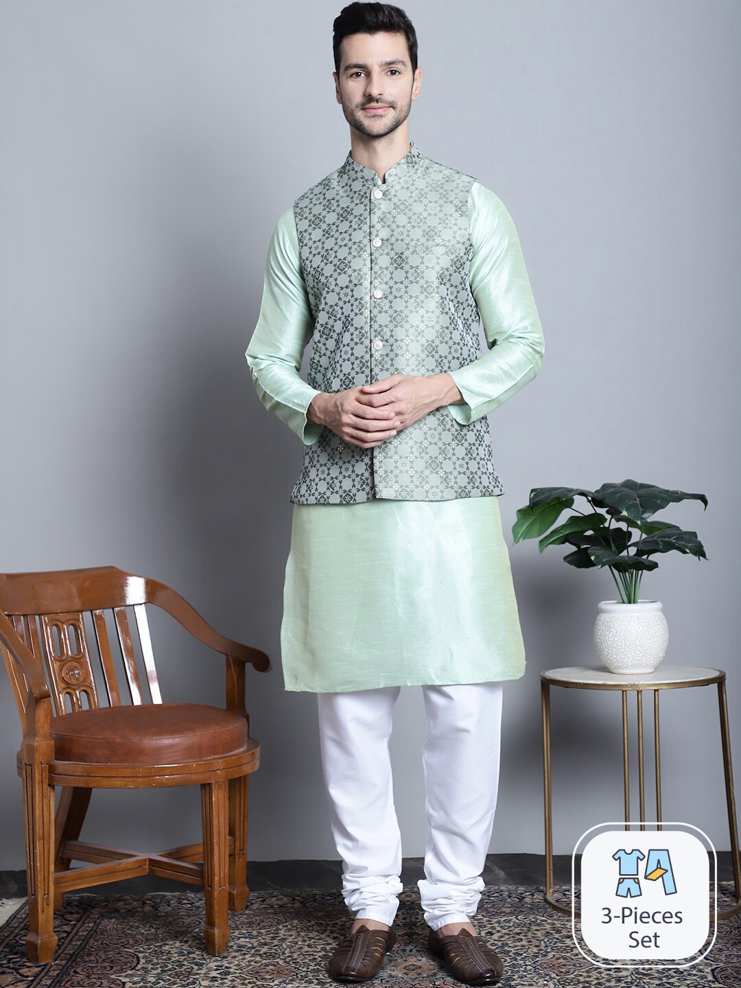 

Jompers Mandarin Collar Kurta with Churidar & Nehru Jacket, Green