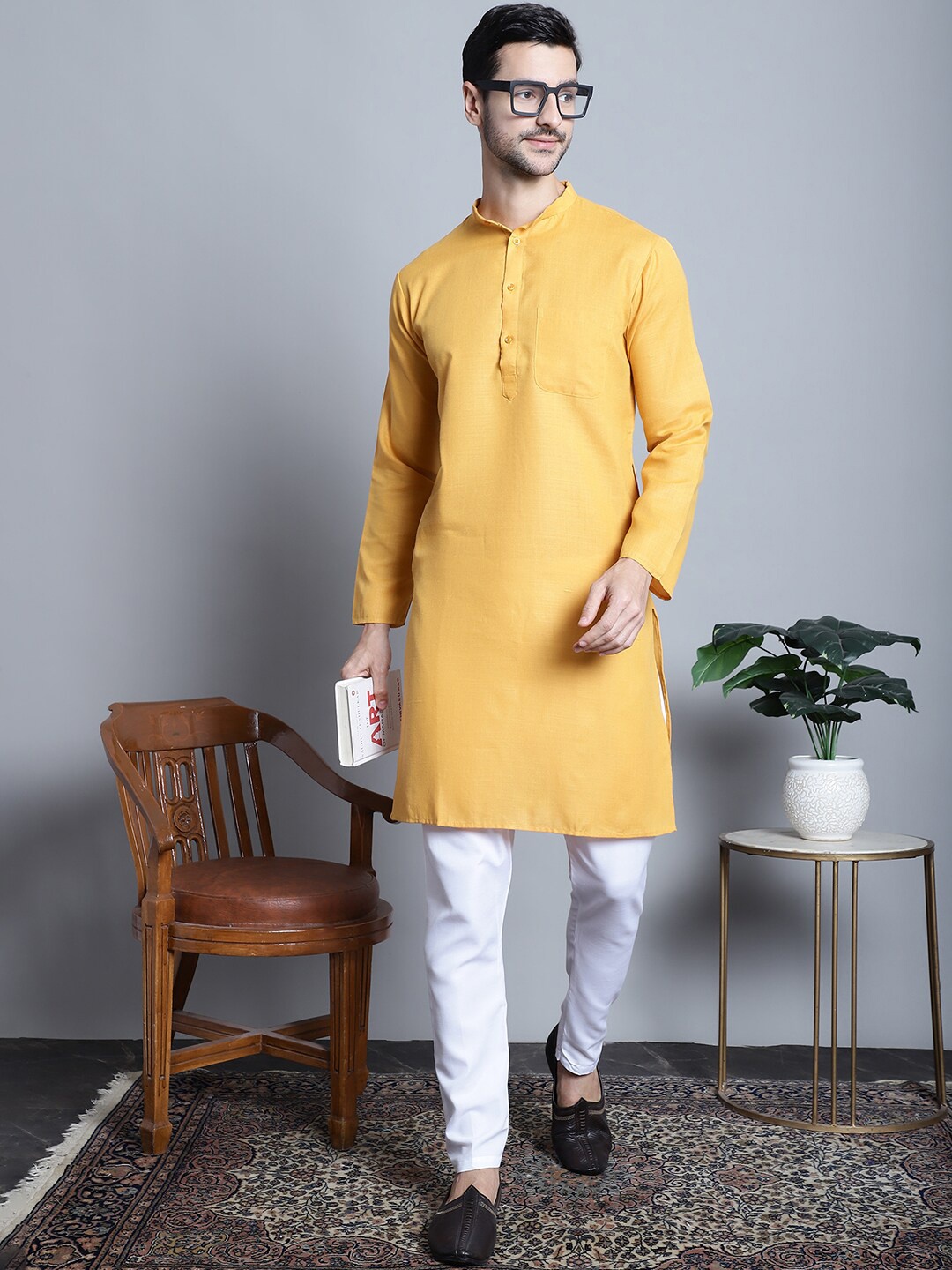 

Jompers Band Collar Regular Pure Cotton Kurta with Churidar, Mustard