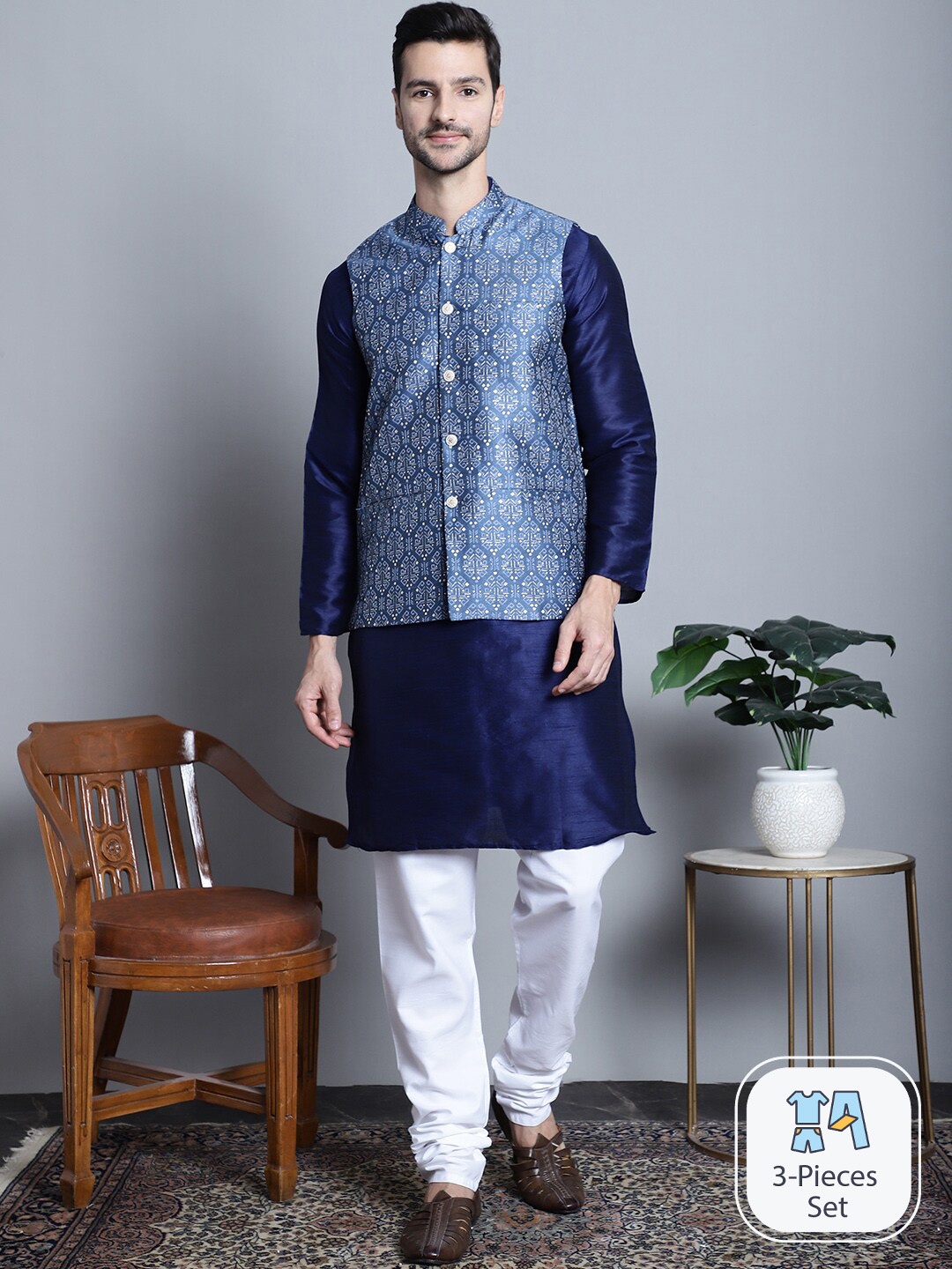 

Jompers Mandarin Collar Regular Kurta with Pyjamas With Jacket, Blue