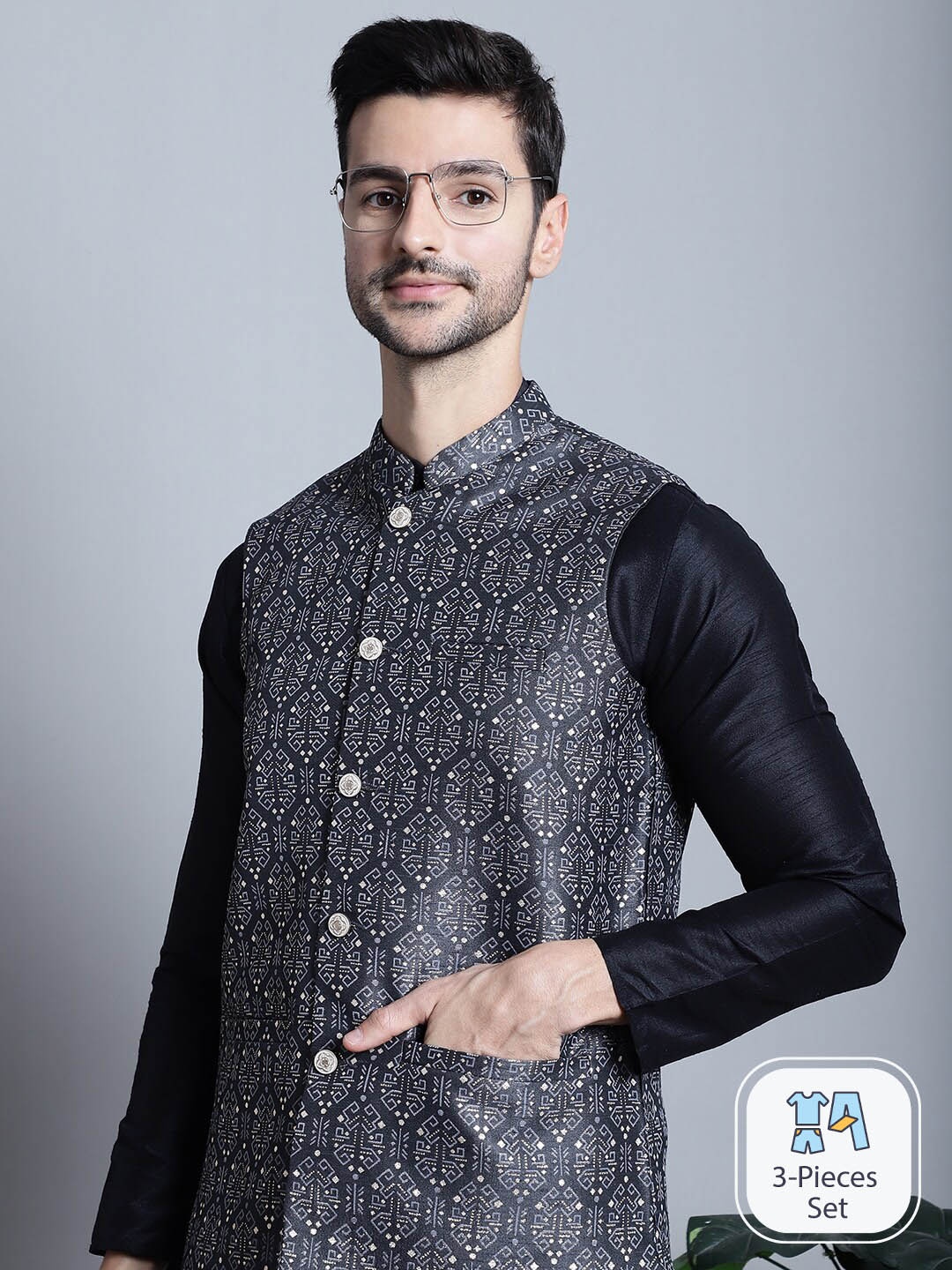 

Jompers Mandarin Collar Regular Kurta with Pyjamas With Jacket, Charcoal