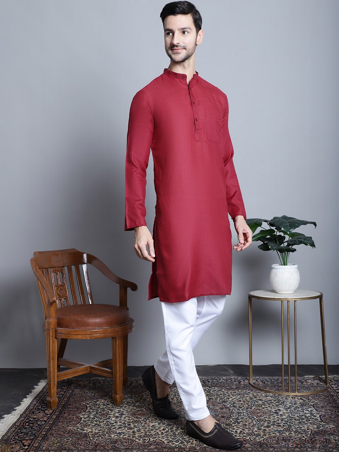 

Jompers Mandarin Collar Pure Cotton Kurta with Churidar, Maroon