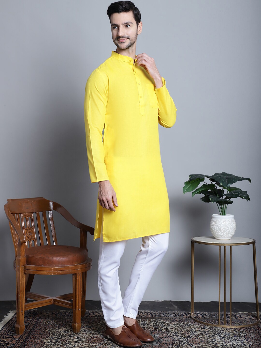 

Jompers Band Collar Regular Pure Cotton Kurta with Churidar, Yellow