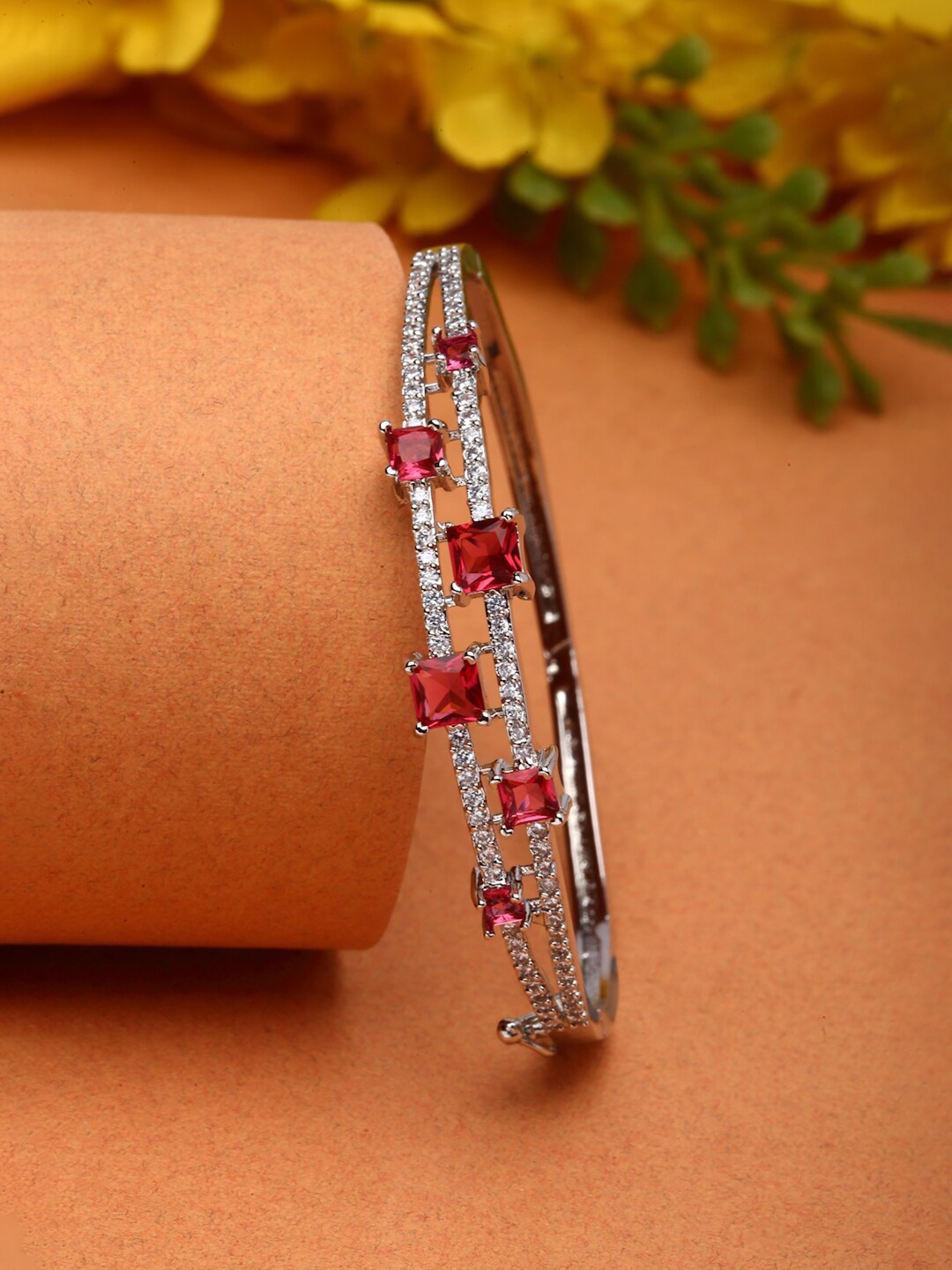 

ZENEME Rhodium-Plated American Diamond Bangle-Style Bracelet, Silver