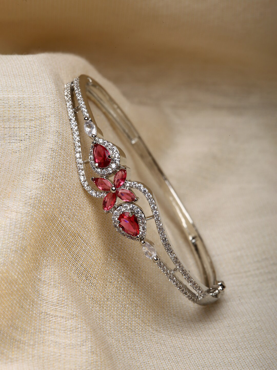 

ZENEME Rhodium-Plated American Diamond Bangle-Style Bracelet, Silver