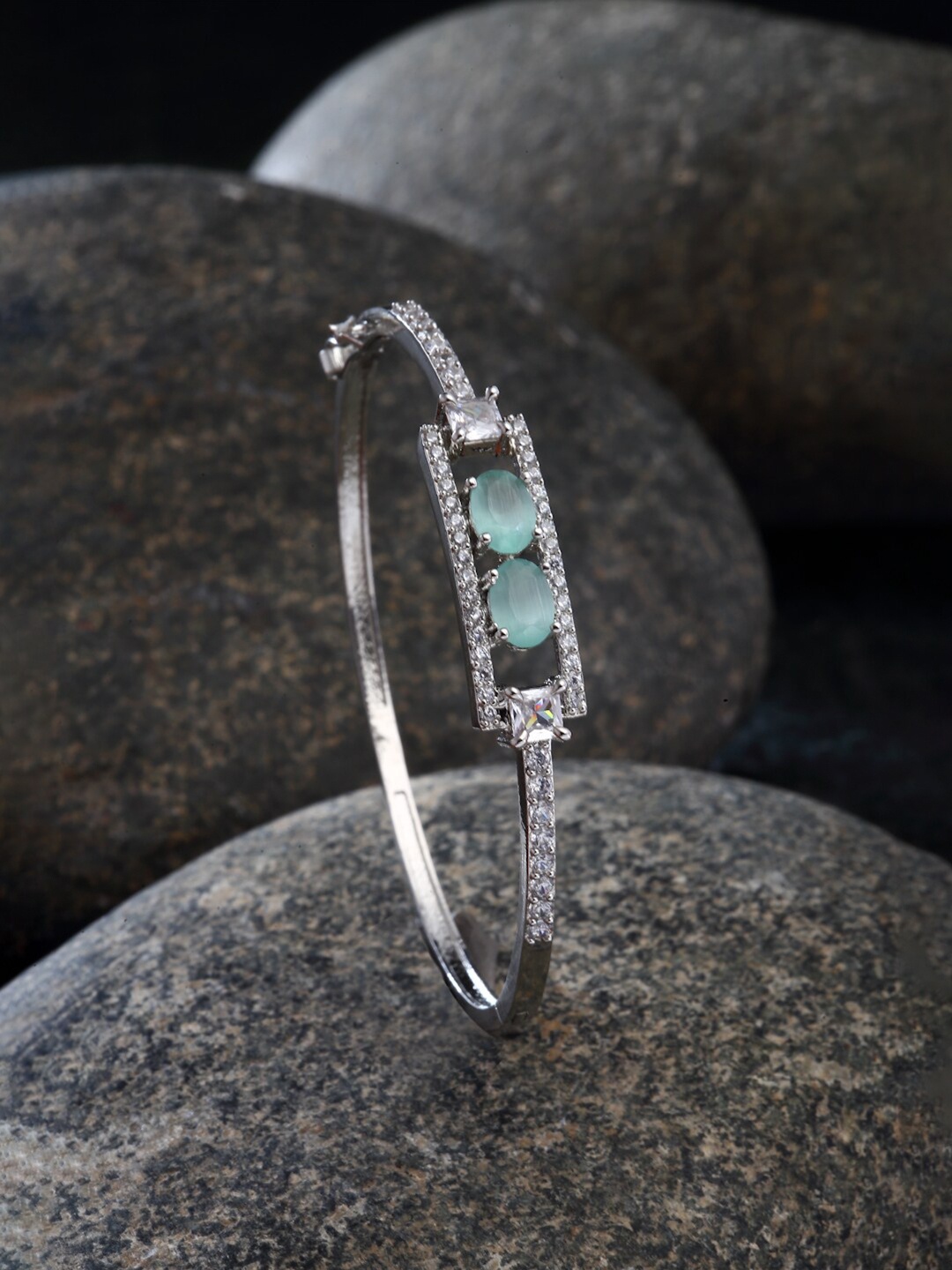 

ZENEME Rhodium-Plated American Diamond Bangle-Style Bracelet, Silver