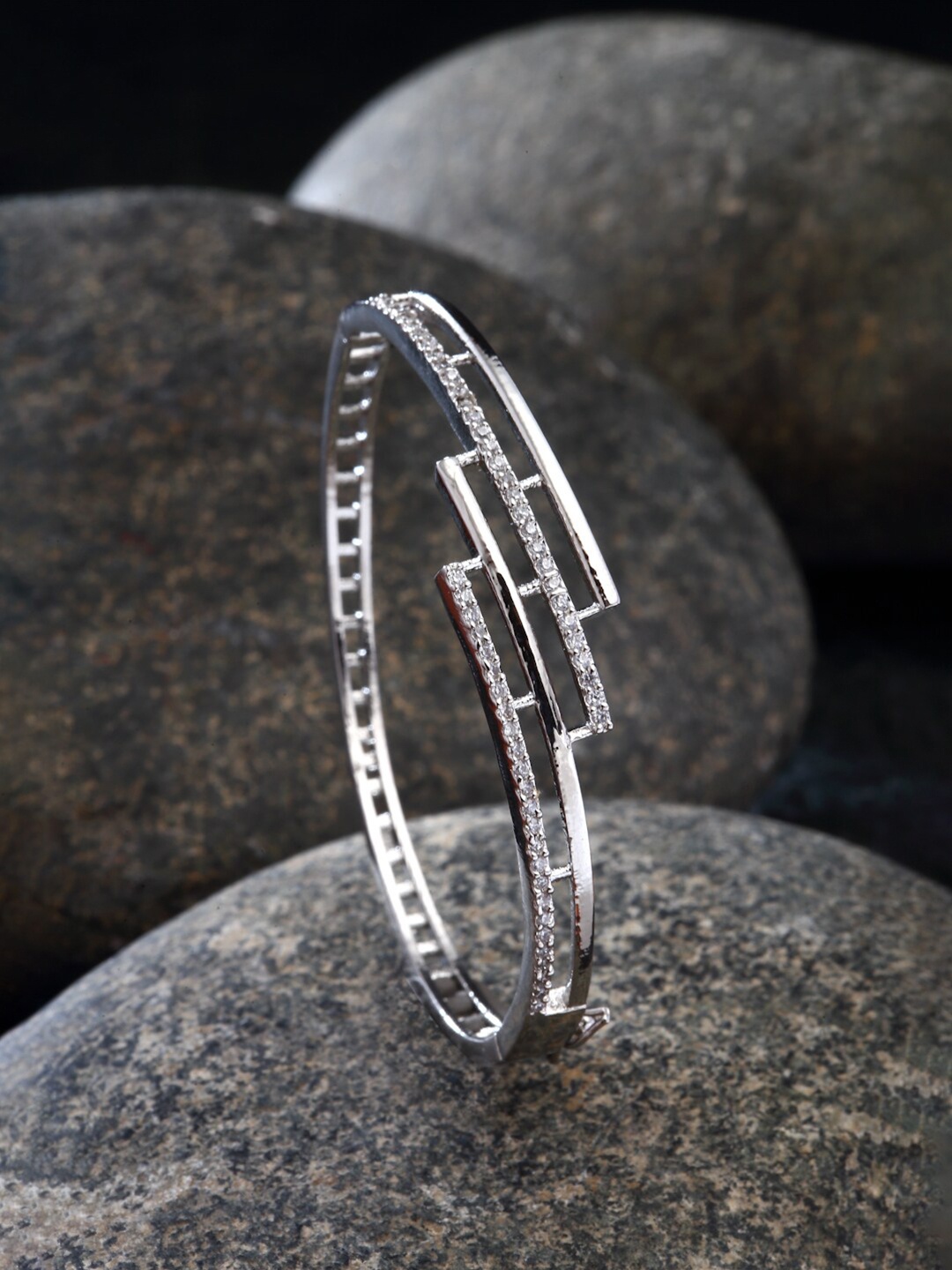 

ZENEME Rhodium-Plated American Diamond Studded Bangle-Style Bracelet, Silver