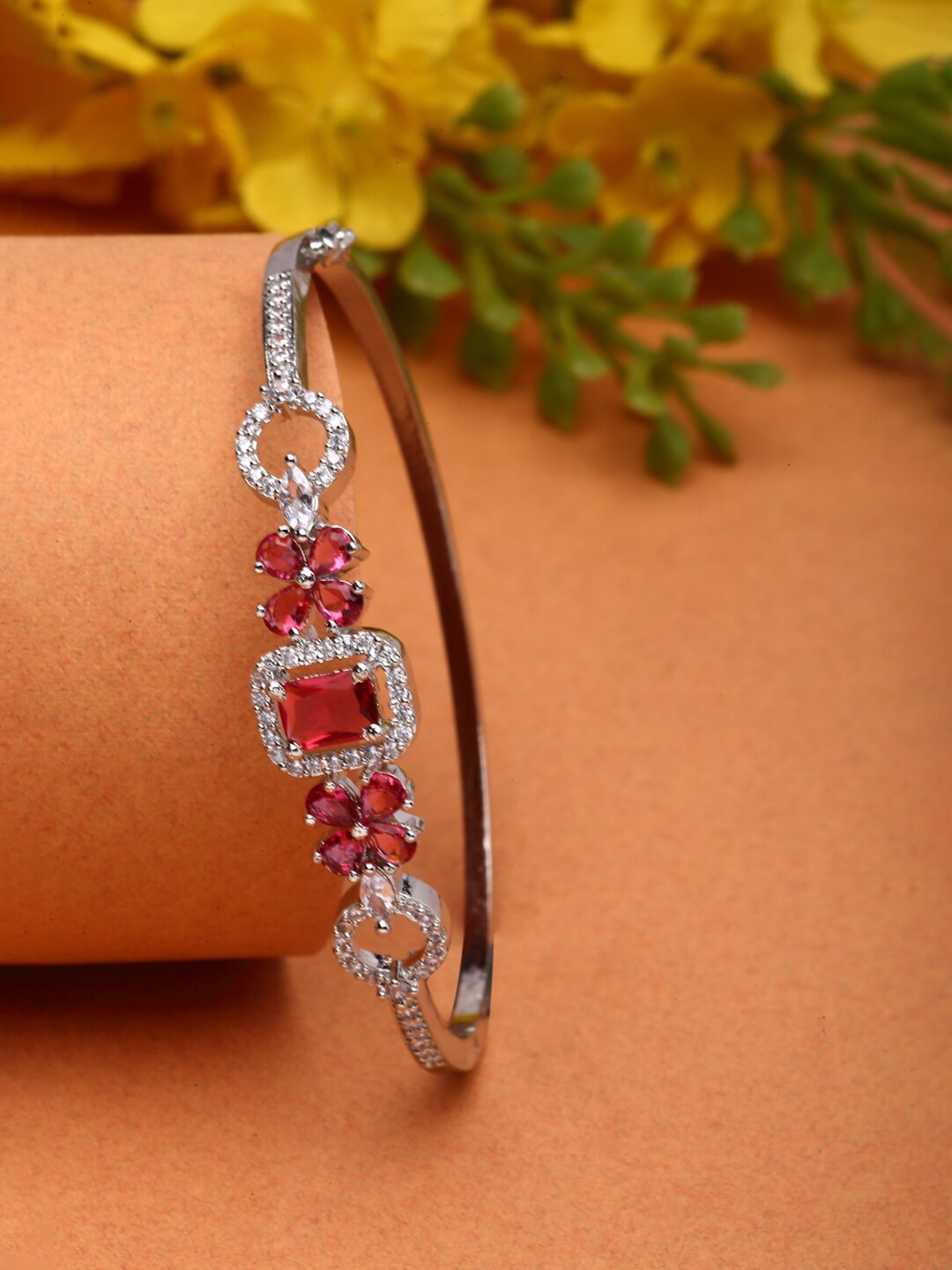 

ZENEME Rhodium-Plated American Diamond Studded Kada Bracelet, Silver