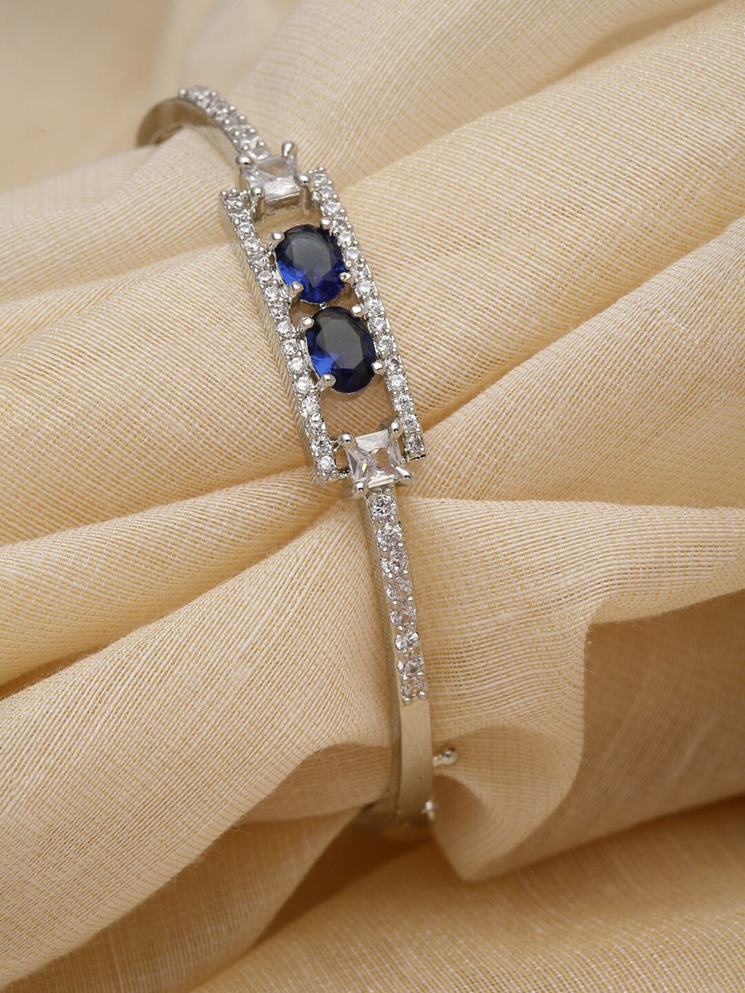 

ZENEME Rhodium-Plated American Diamond Studded Bangle-Style Bracelet, Silver