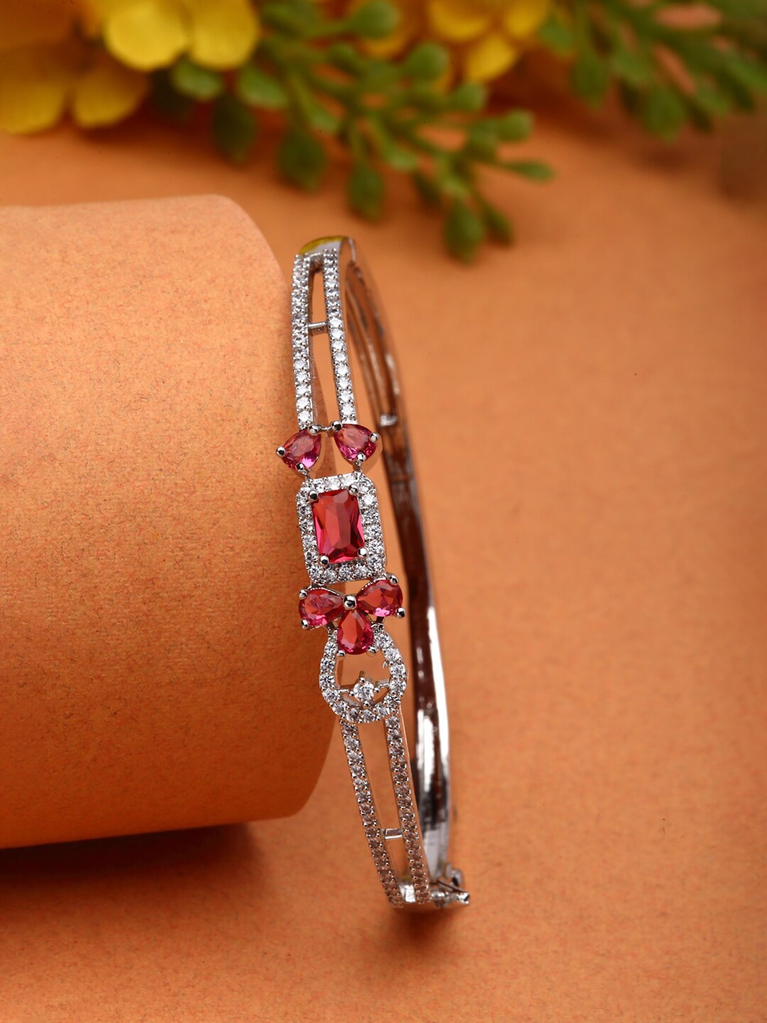 

ZENEME Rhodium-Plated American Diamond Brass Kada Bracelet, Silver