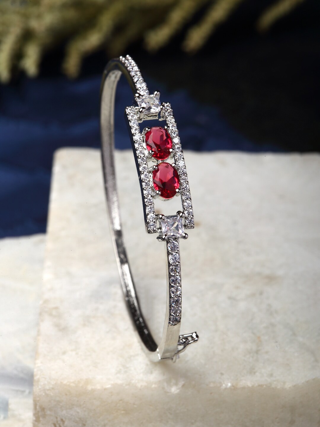 

ZENEME Rhodium-Plated American Diamond Brass Kada Bracelet, Silver