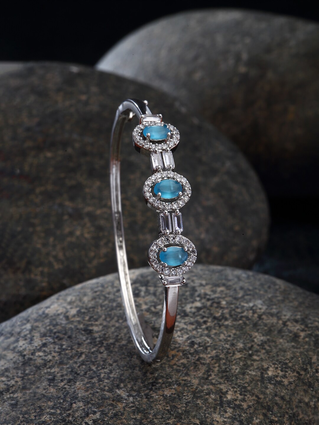 

ZENEME Rhodium-Plated American Diamond Brass Kada Bracelet, Silver
