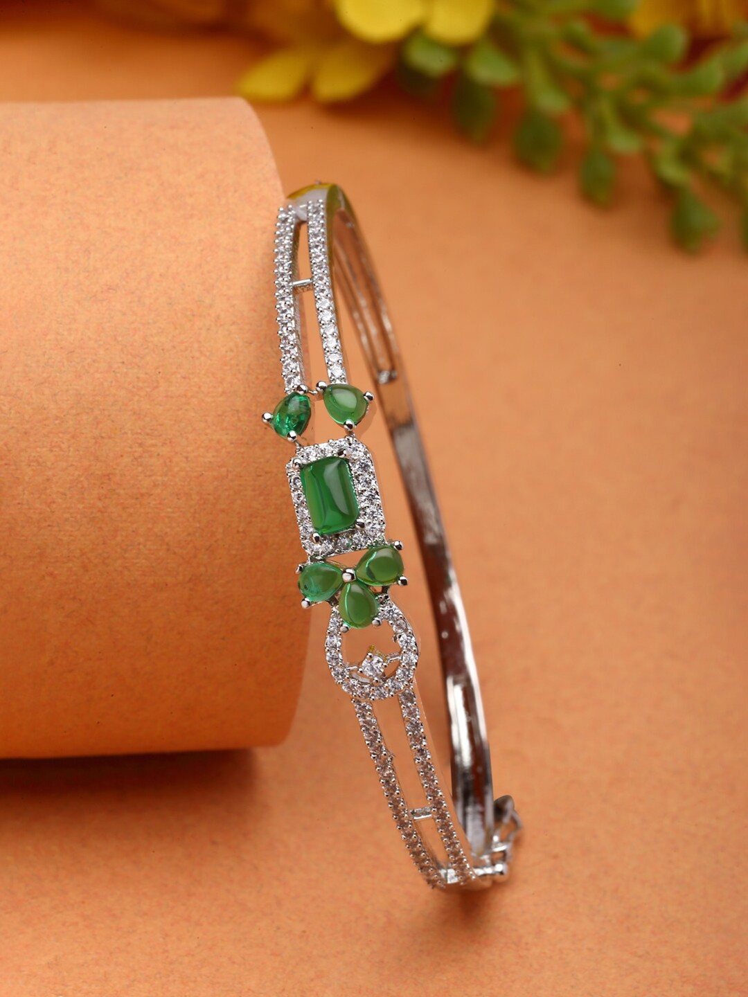 

ZENEME Rhodium-Plated American Diamond Brass Kada Bracelet, Silver