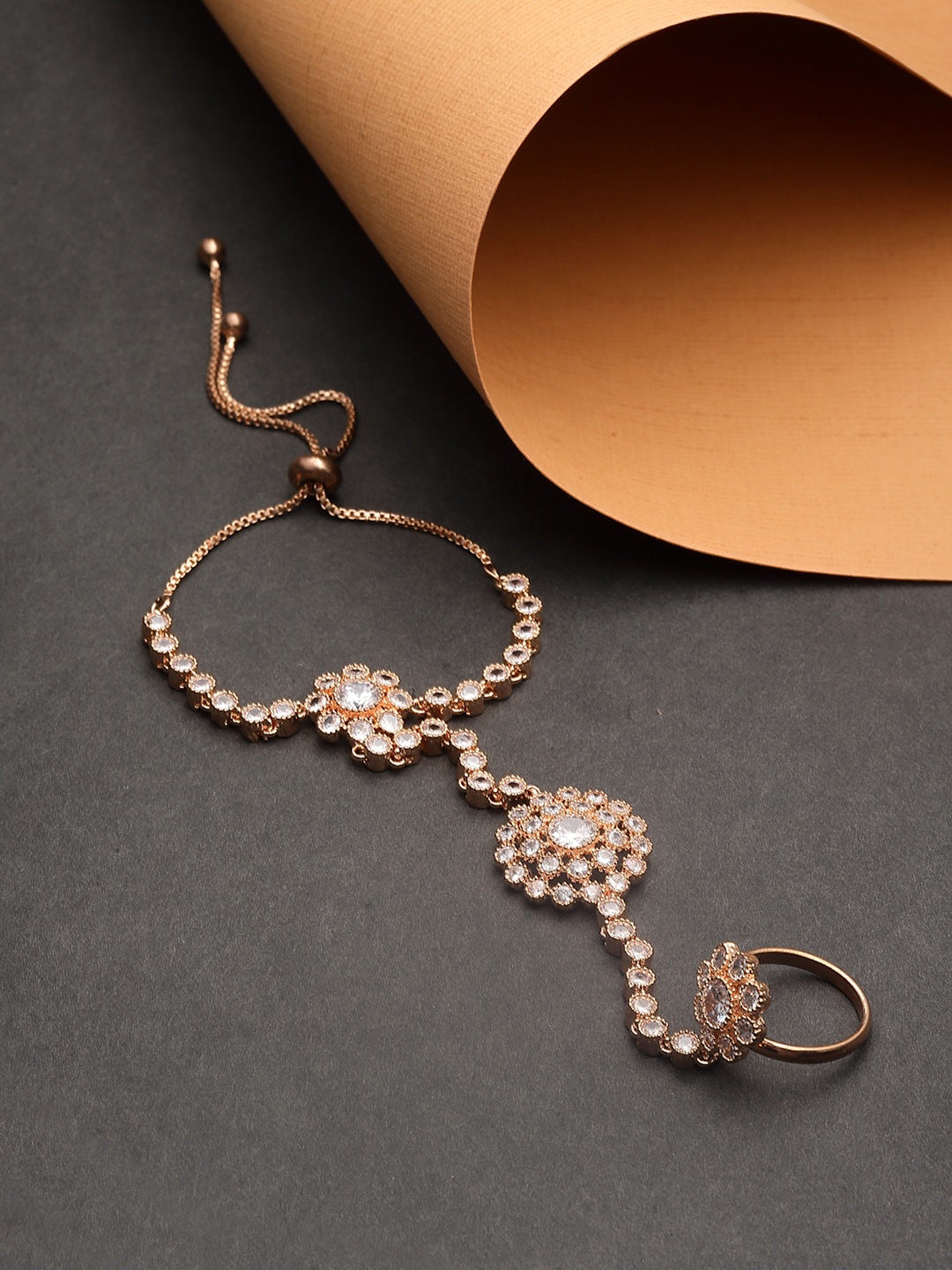 

ZENEME Brass American Diamond Handcrafted Rose Gold-Plated Ring Bracelet