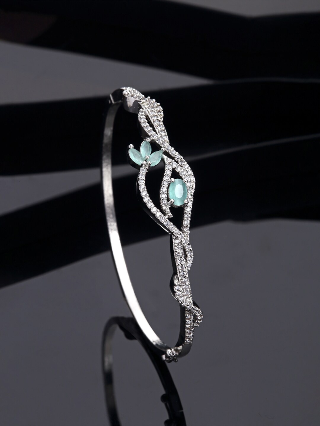 

ZENEME Brass American Diamond Rhodium-Plated Bangle-Style Bracelet, Silver