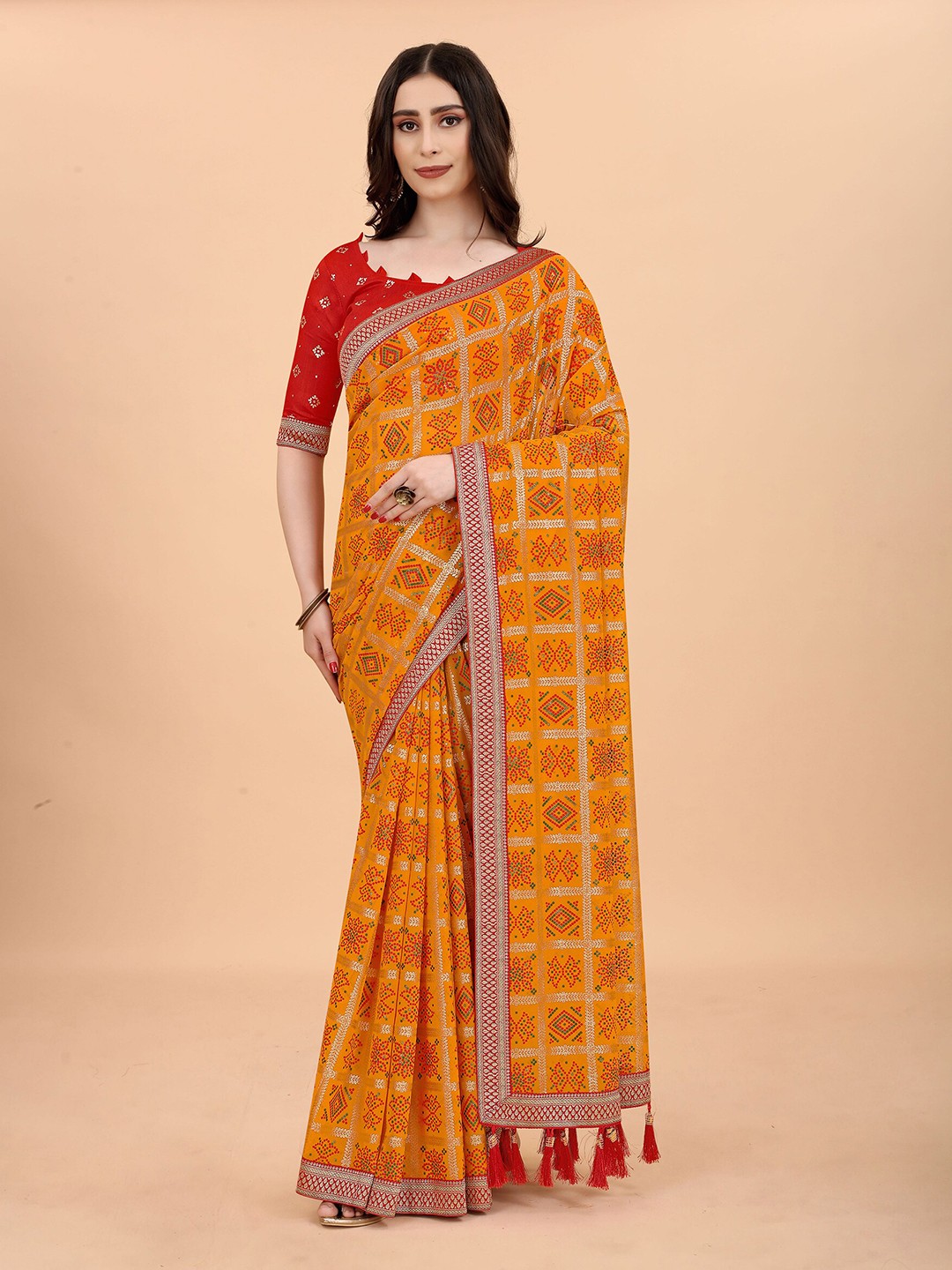 

Anjaneya Sarees Bandhani Printed Zari Tussar Saree, Orange