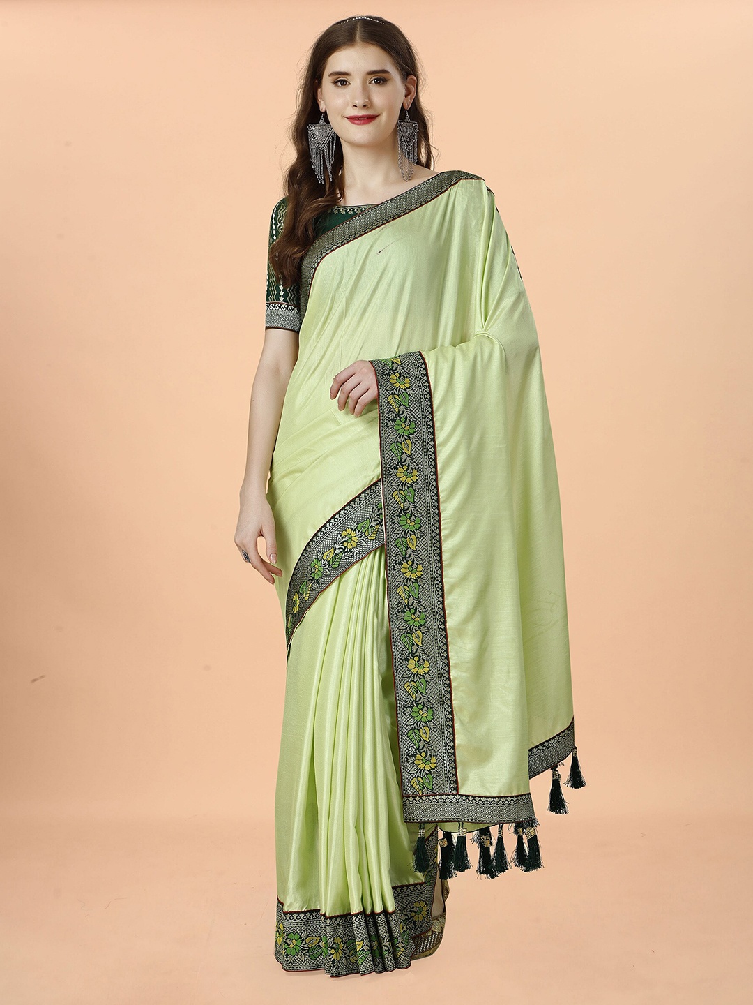 

Anjaneya Sarees Zari Art Silk Tussar Saree, Green