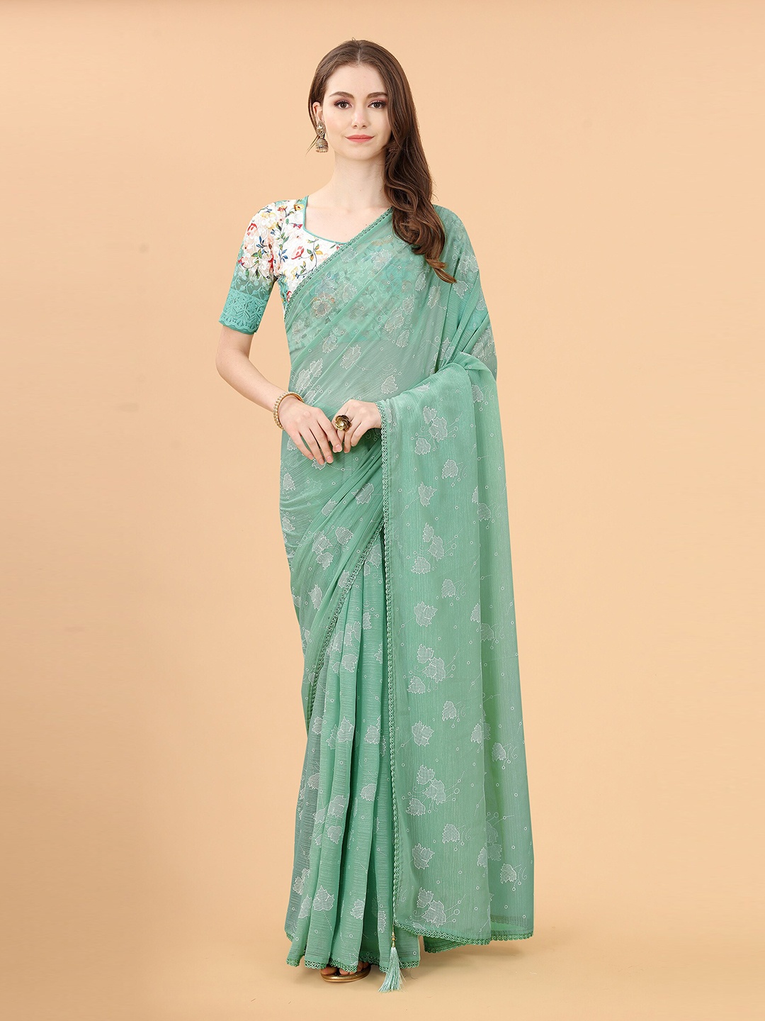 

Anjaneya Sarees Floral Block Printed and Embroidered Saree, Green