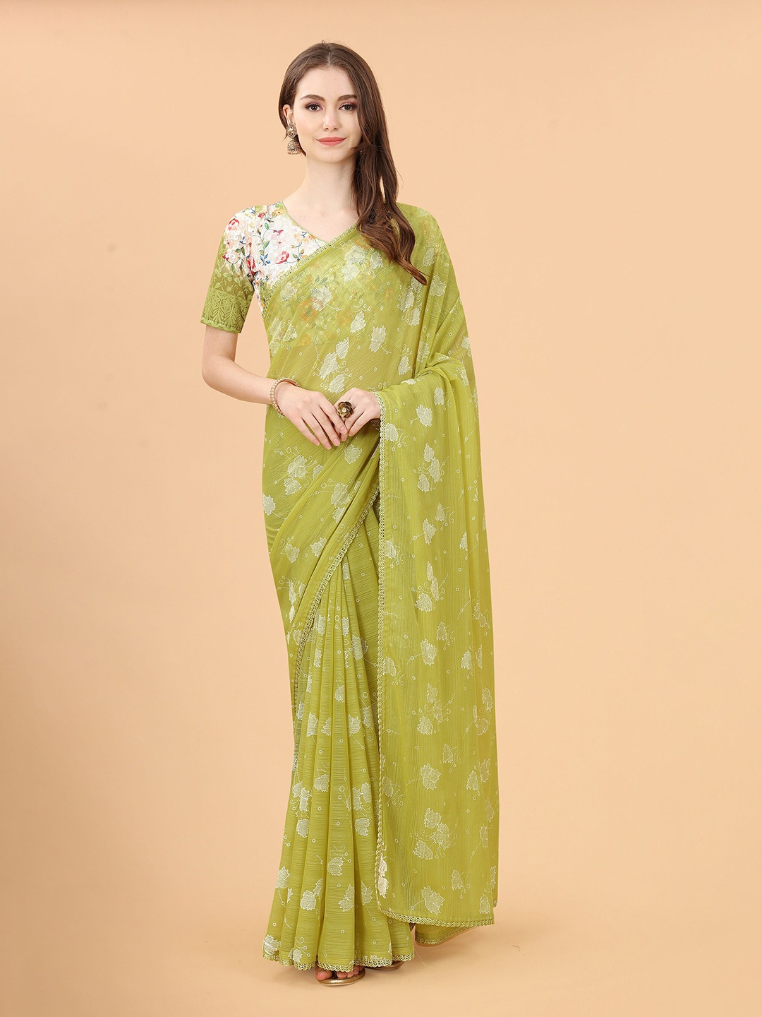 

Anjaneya Sarees Floral Printed Block Print Saree, Green