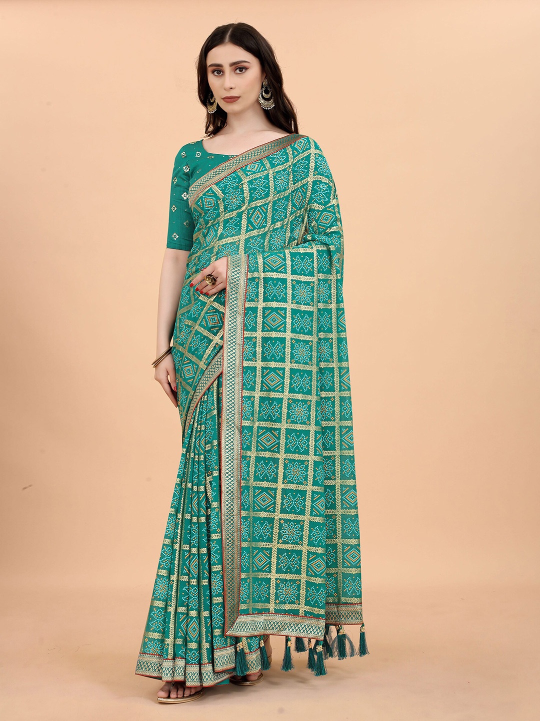 

Anjaneya Sarees Bandhani Printed Zari Tussar Saree, Green