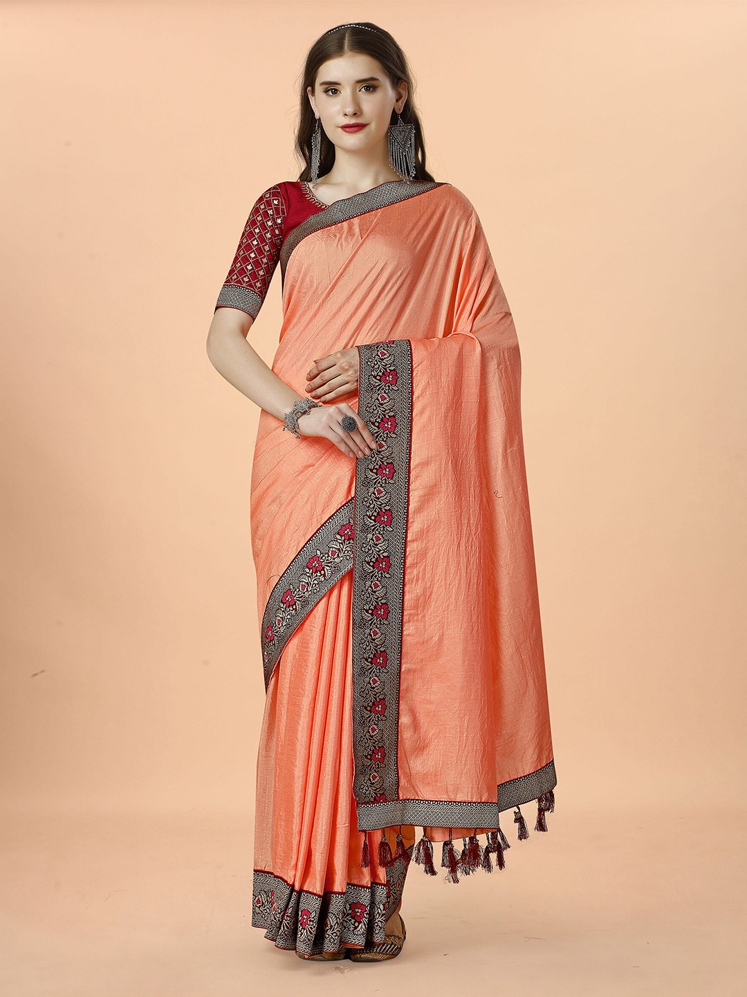 

Anjaneya Sarees Zari Art Silk Tussar Saree, Orange