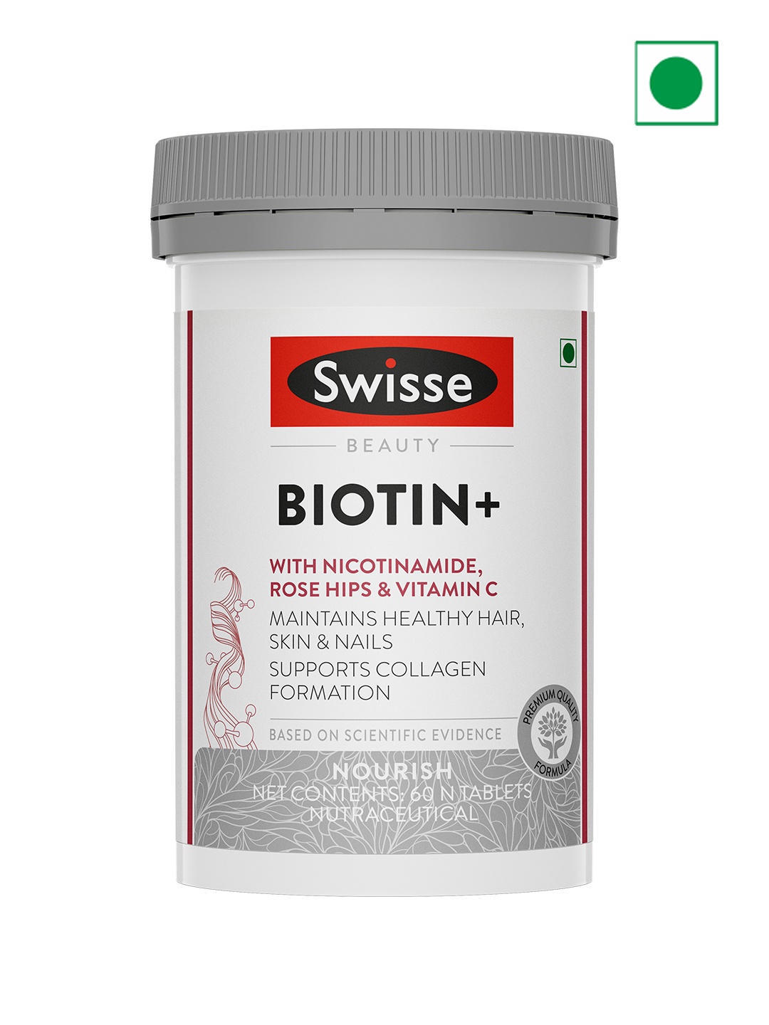 

Swisse Beauty Biotin+ Tablets With Nicotinamide, Rose Hips & Vitamin C - 60 Tablets, Grey