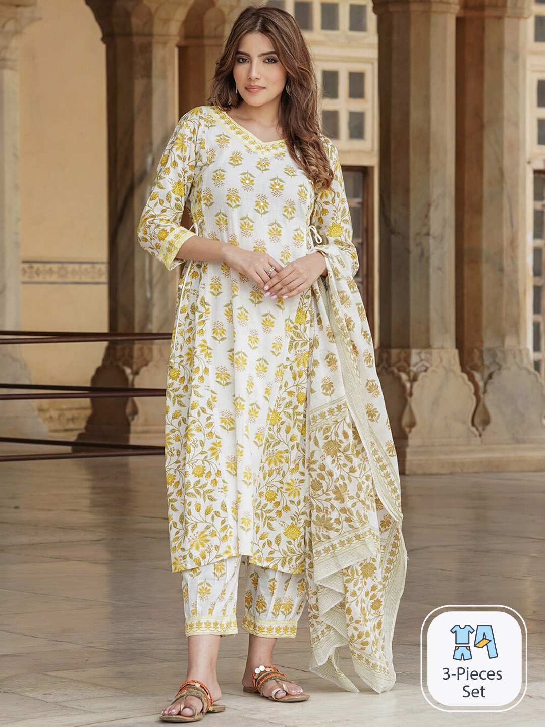 

KALINI Floral Embroidered Mirror Work Pure Cotton A-Line Kurta with Salwar & Dupatta, Yellow