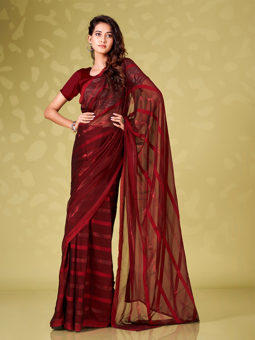 

Tikhi Imli Striped Satin Ready To Wear Saree, Maroon