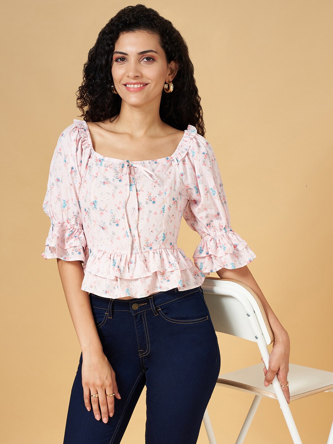 

YU by Pantaloons Floral Printed Bell Sleeve Pure Cotton Crop Top, Pink