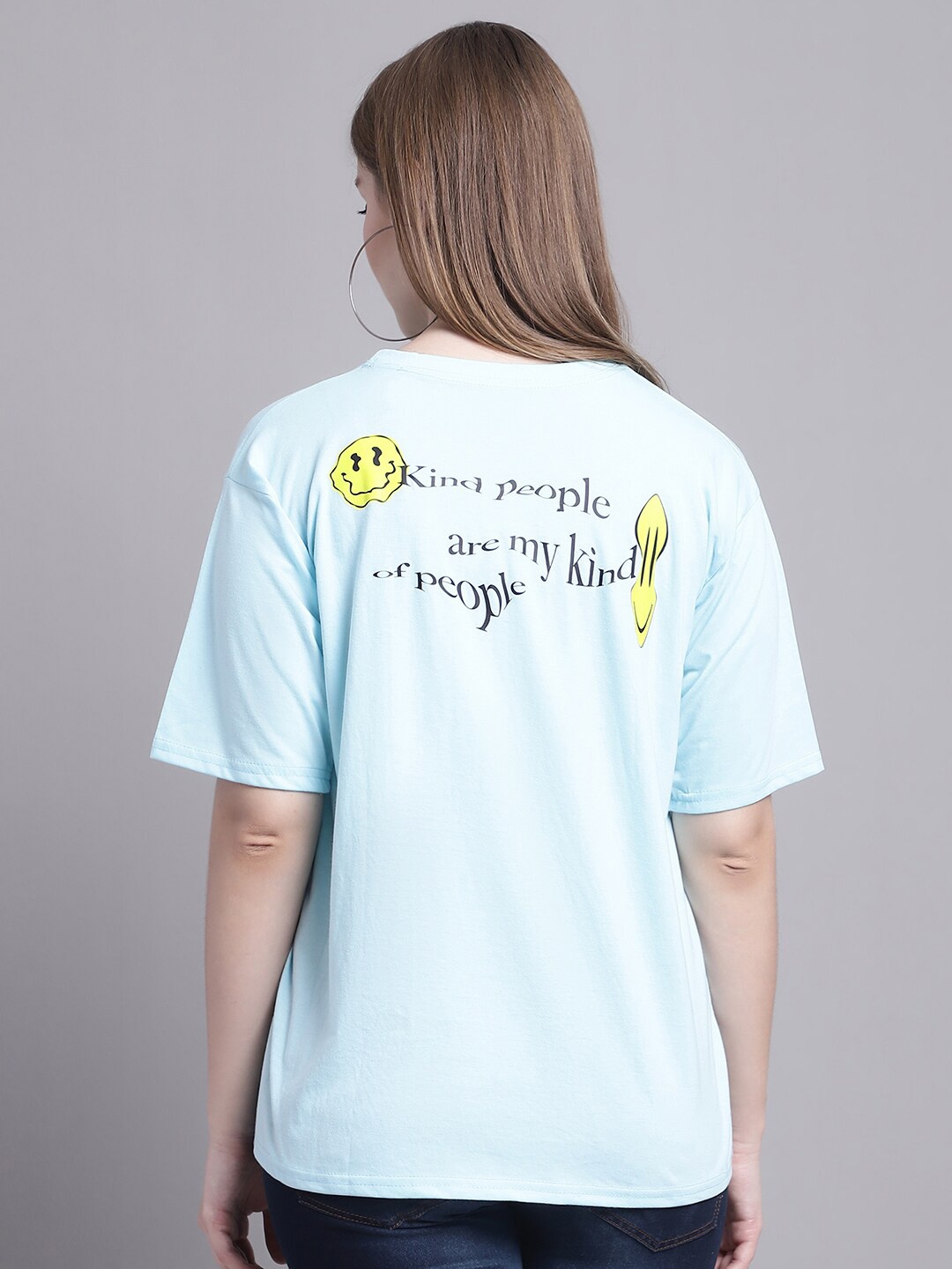 GRACIT Typography Printed Drop-Shoulder Sleeves Oversized Cotton T-shirt, Blue