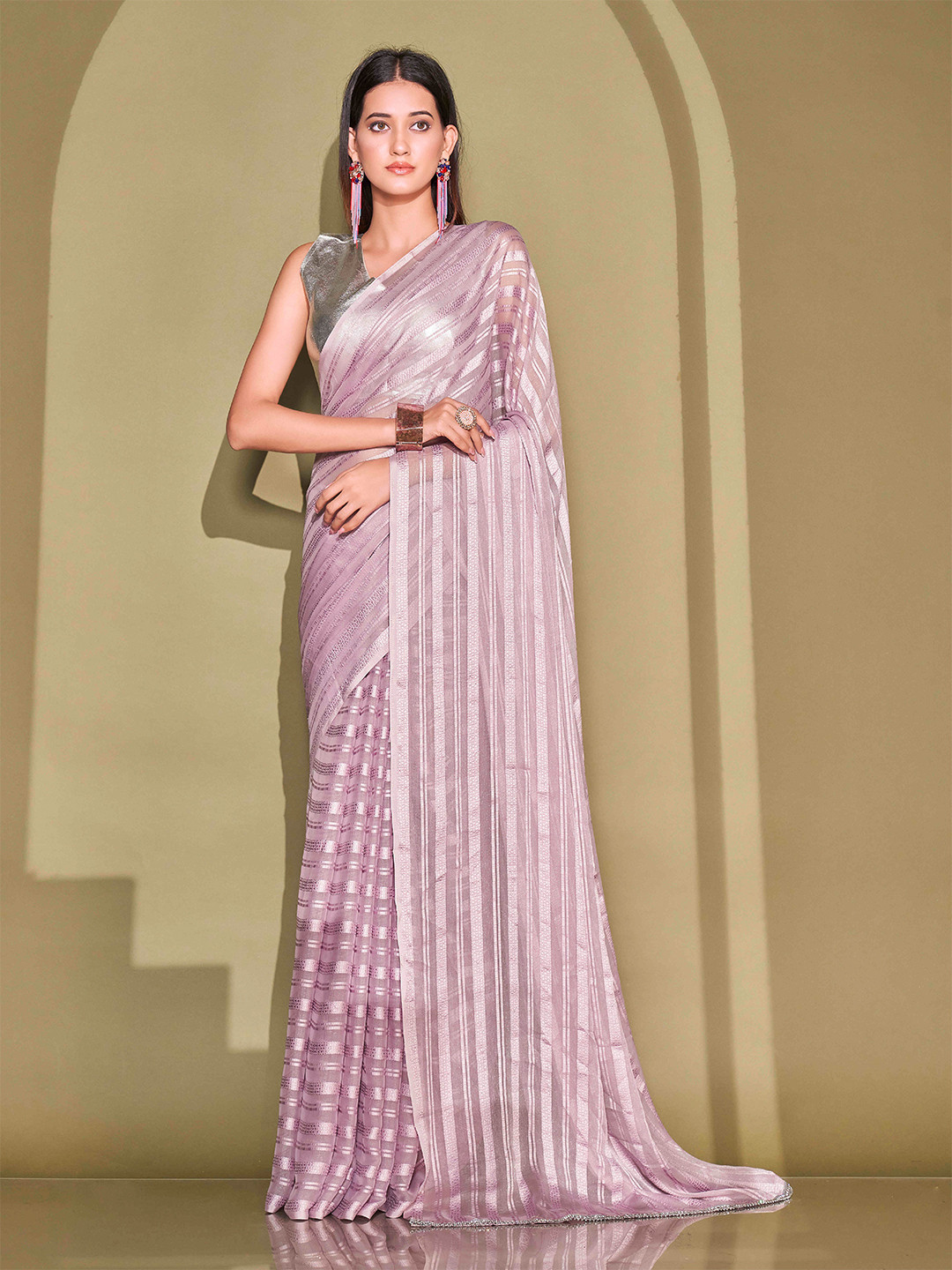 

Tikhi Imli Lavender Striped Ready To Wear Saree With Stitched Blouse
