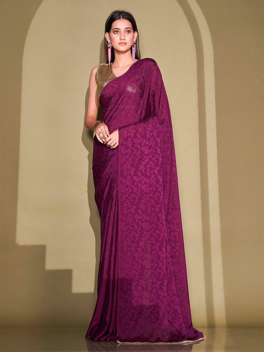 

Tikhi Imli Floral Woven Design Jacquard Ready To Wear Saree With Stitched Blouse, Purple
