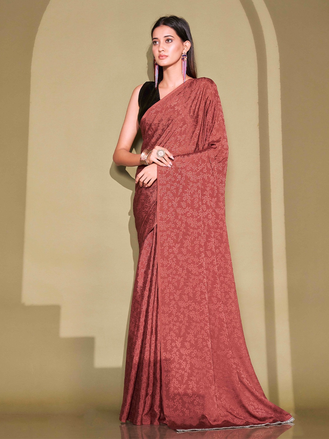 

Tikhi Imli Floral Printed Ready To Wear Saree With Stitched Blouse, Brown