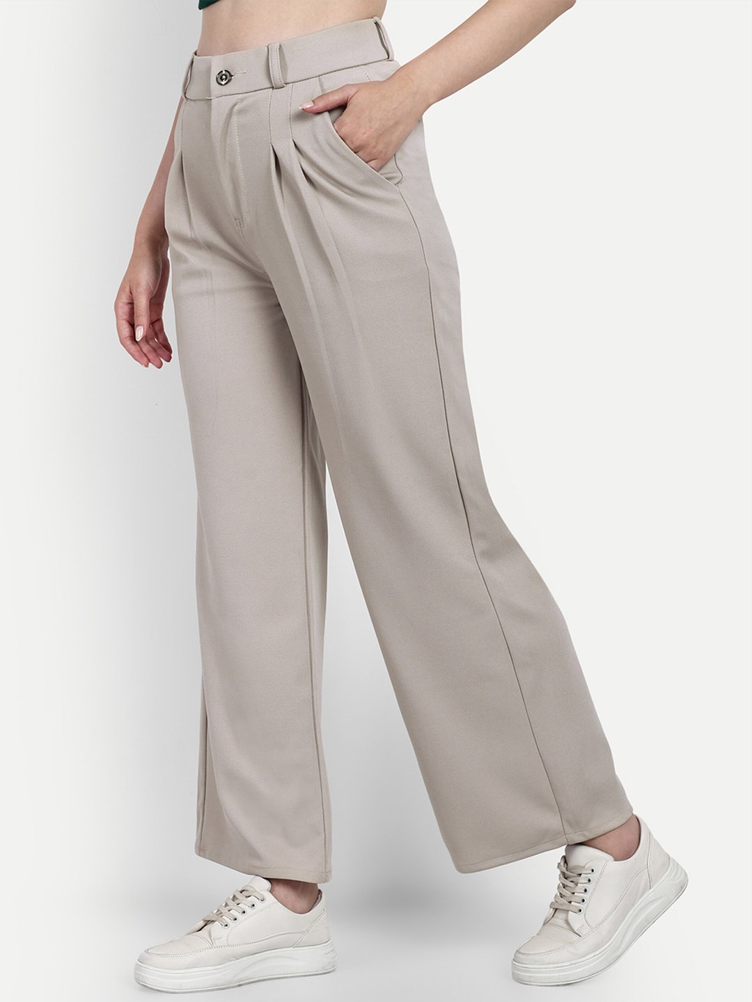 

Next One Women Smart Loose Fit High-Rise Cotton Easy Wash Trousers, Beige