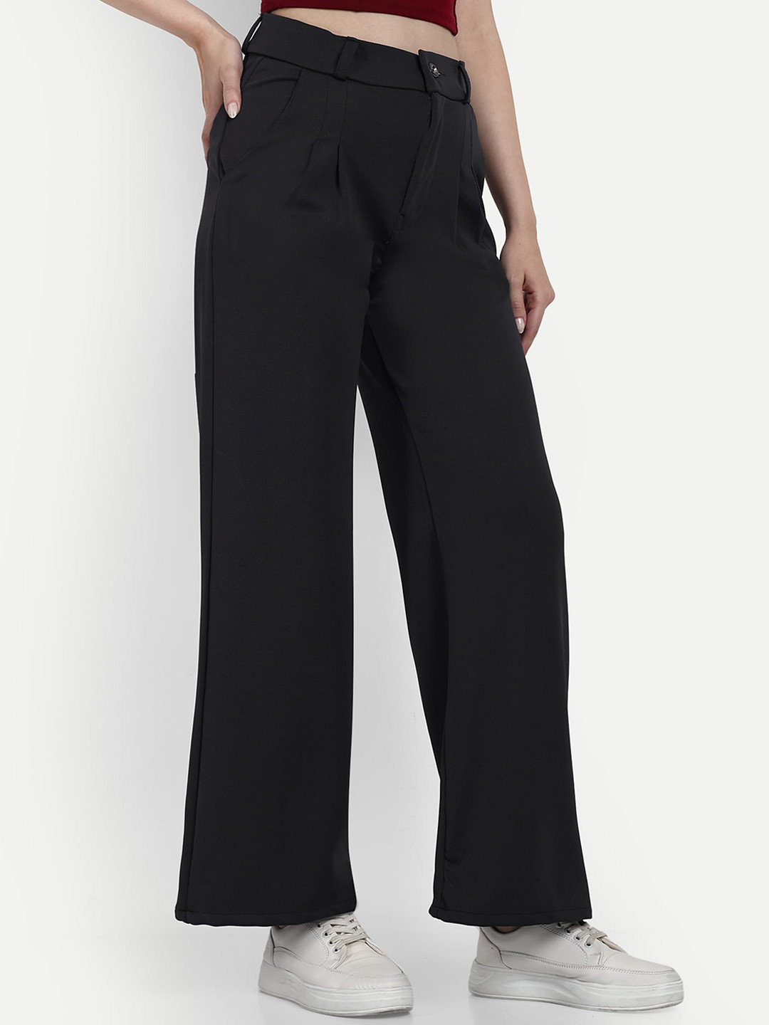 

Next One Women Smart Loose Fit High-Rise Easy Wash Pleated Cotton Parallel Trousers, Grey