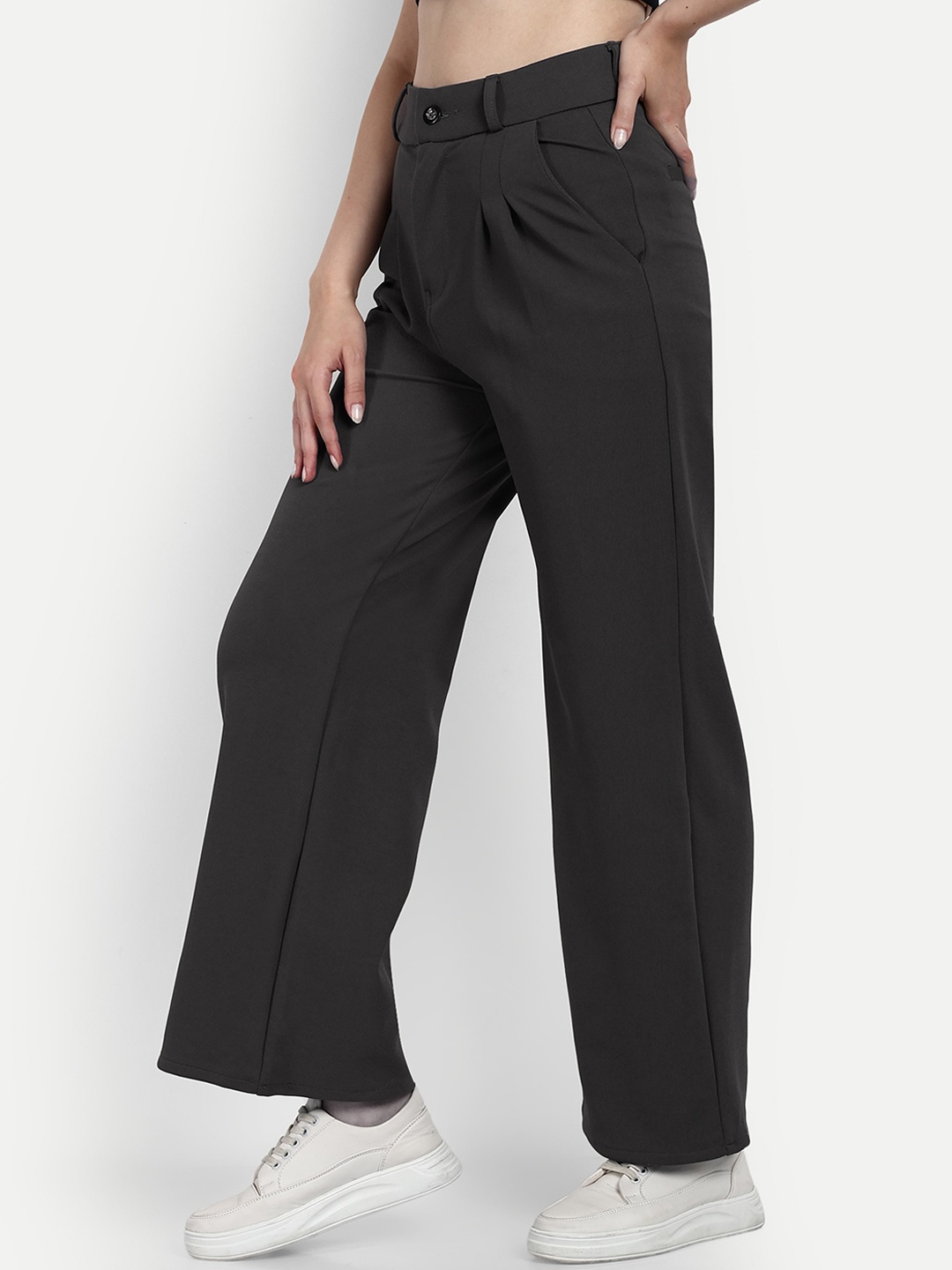 

Next One Women Smart Loose Fit High-Rise Cotton Easy Wash Trousers, Grey