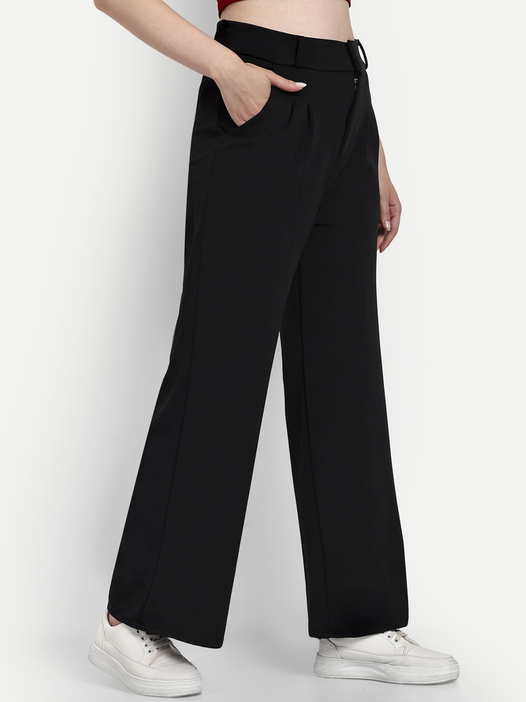 

Next One Women Smart Loose Fit High-Rise Cotton Easy Wash Trousers, Black