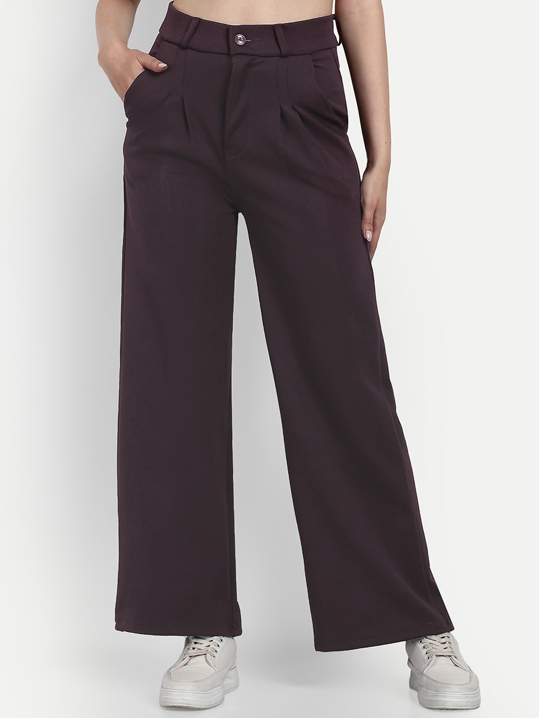 

Next One Women Smart Loose Fit High Rise Easy Wash Cotton Pleated Parallel Trousers, Brown