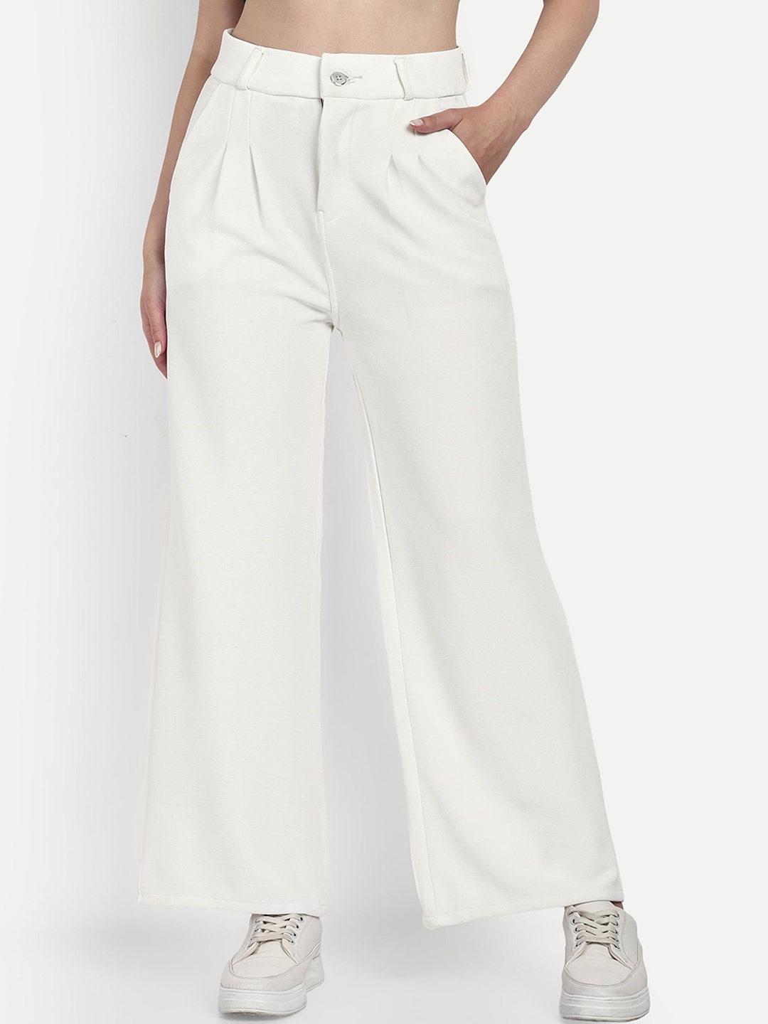 

Next One Women Smart Loose Fit High Rise Easy Wash Cotton Pleated Parallel Trousers, White