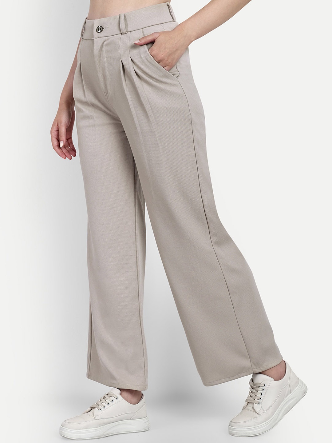 

Next One Women Smart Loose Fit High-Rise Cotton Easy Wash Trousers, Beige