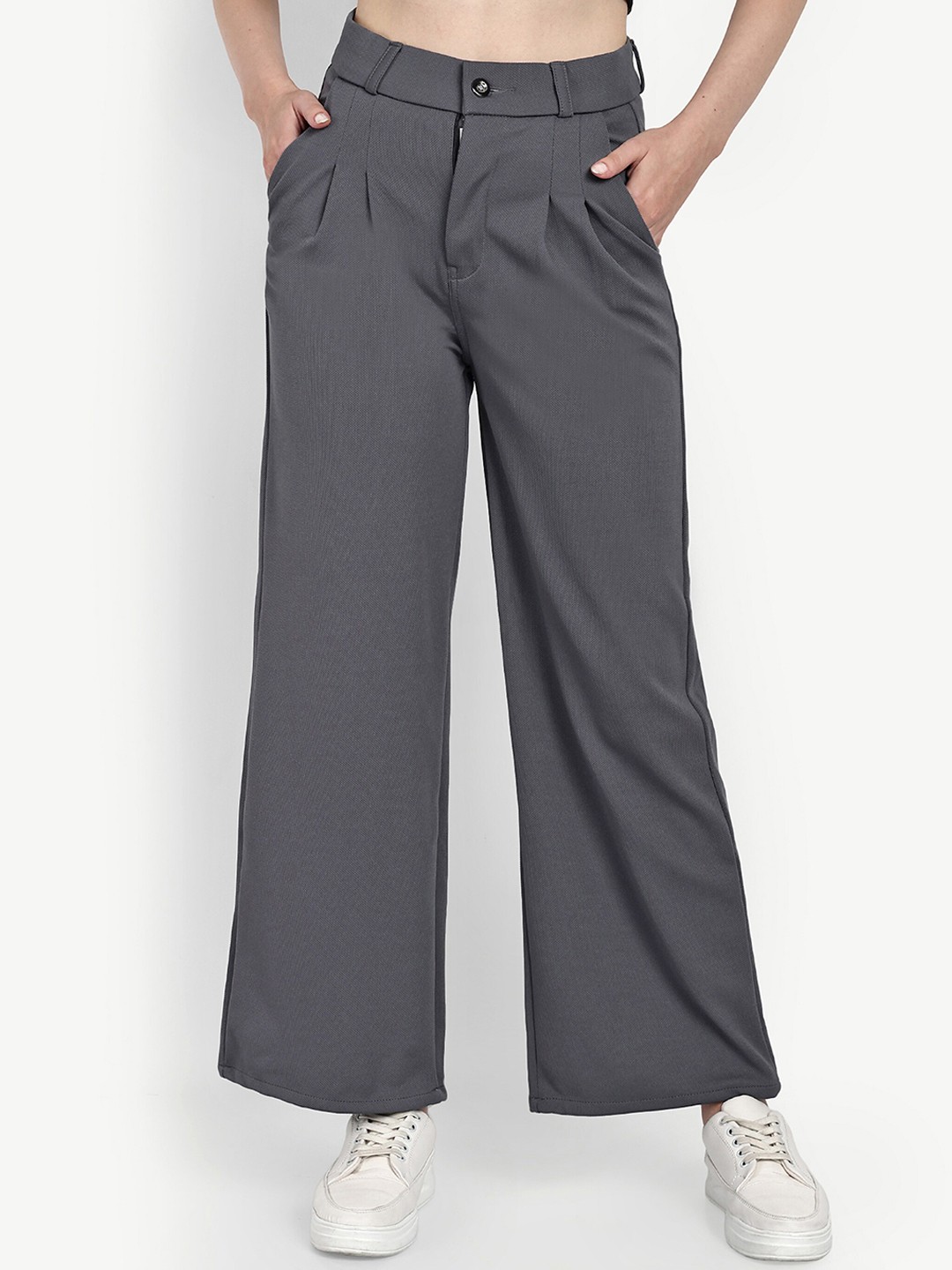 

Next One Women Smart Loose Fit High Rise Easy Wash Cotton Pleated Parallel Trousers, Grey